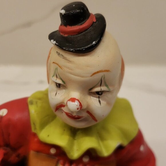 Vintage Ceramic clown playing harmonica red white dots figurine 5"tall - Picture 9 of 11